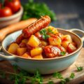 Stoofpotje van linzen met chipolata’s en Espelettepeper