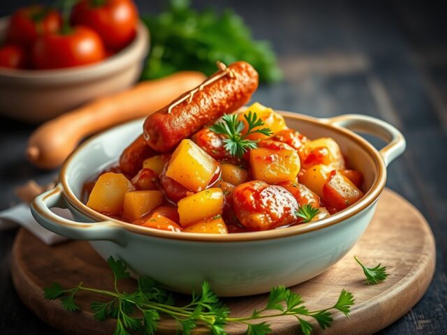 Stoofpotje van linzen met chipolata’s en Espelettepeper — AI-gegenereerde illustratie