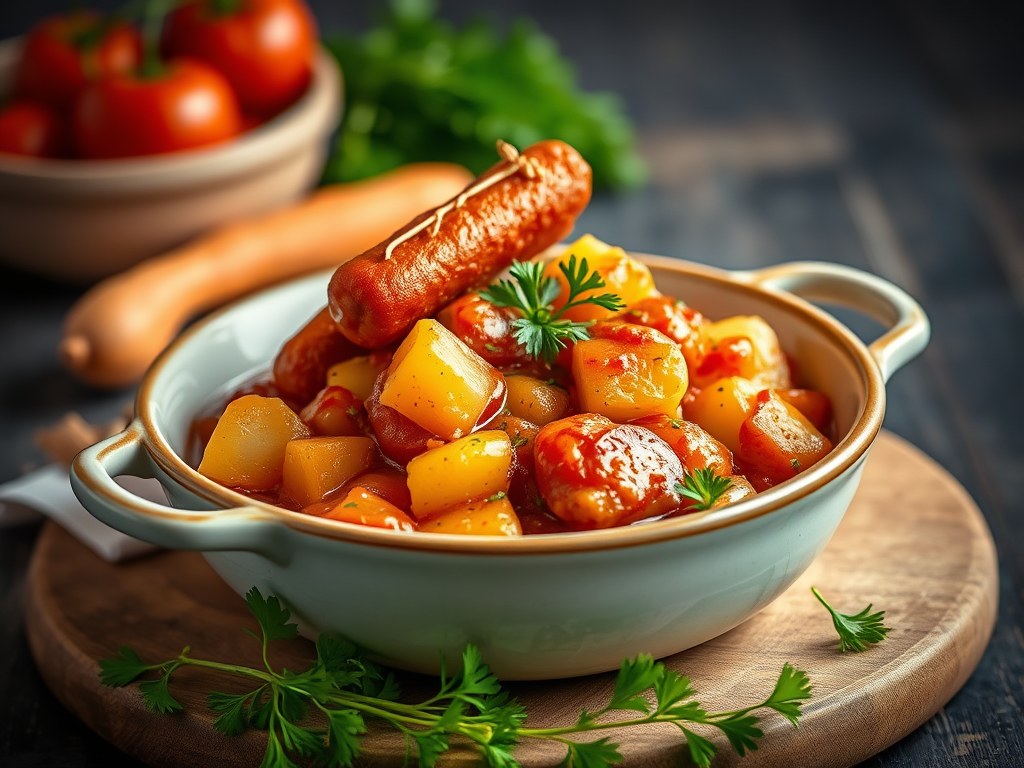 Stoofpotje van linzen met chipolata’s en Espelettepeper, AI-gegenereerde illustratie