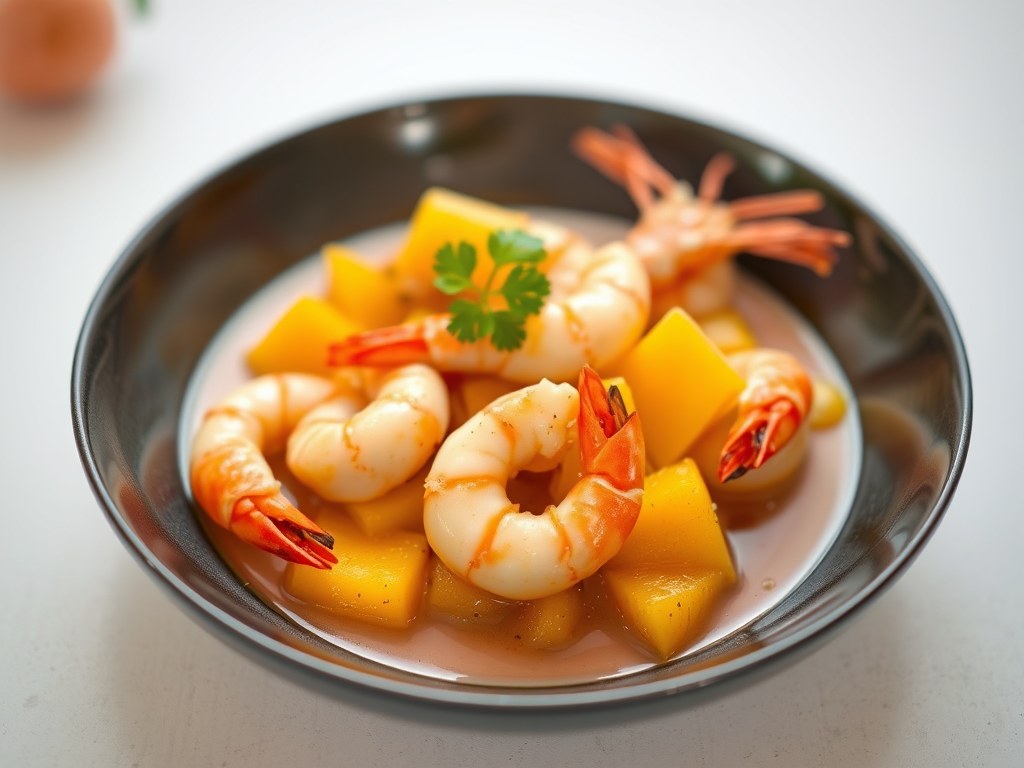 Stoofpotje van scampi’s met mango en gember, AI-gegenereerde illustratie