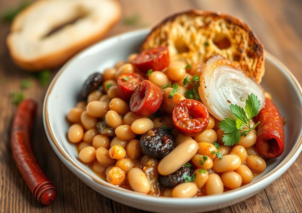 Stoofschotel van Bonen en Chorizo met Broodkorst, AI-gegenereerde illustratie