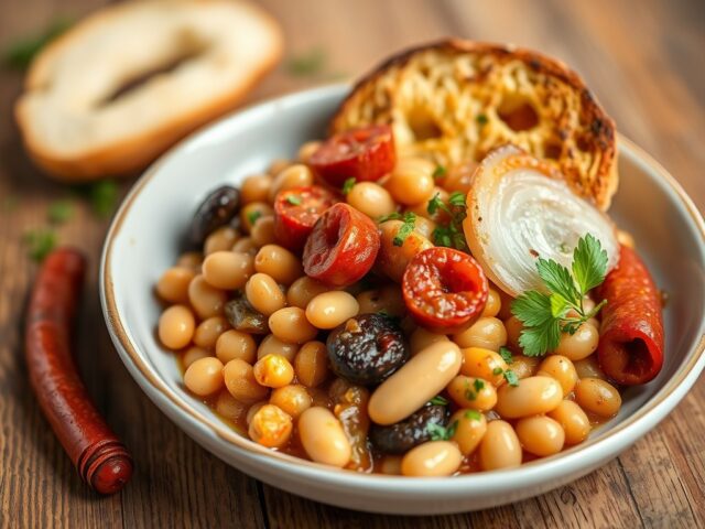 Stoofschotel van Bonen en Chorizo met Broodkorst — AI-gegenereerde illustratie