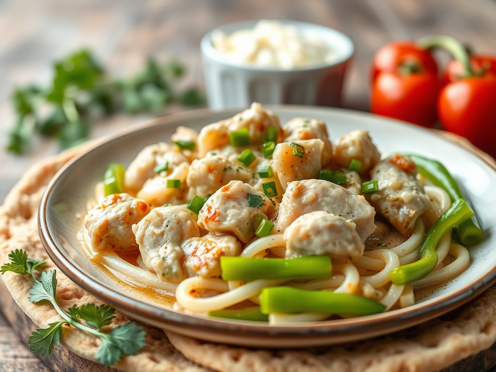 Stroganof met kip (eenpansgerecht), AI-gegenereerde illustratie