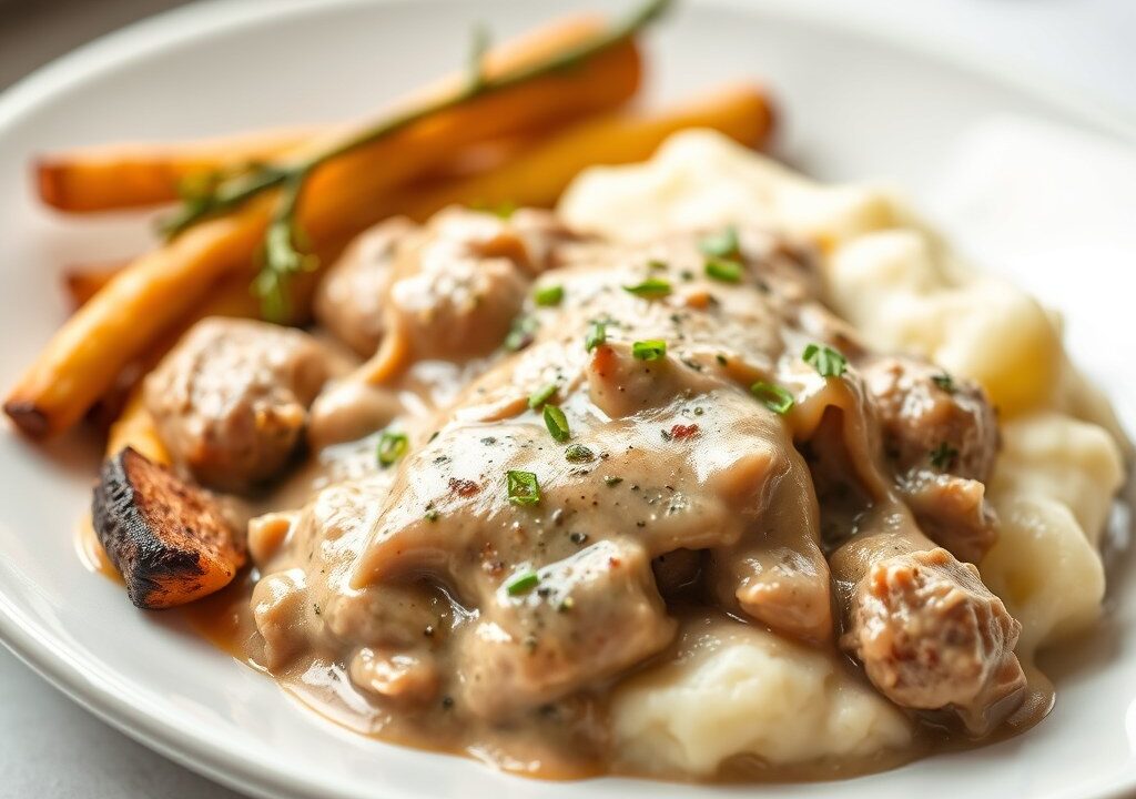 Stroganoff Ovenschotel met aardappelpuree, AI-gegenereerde illustratie