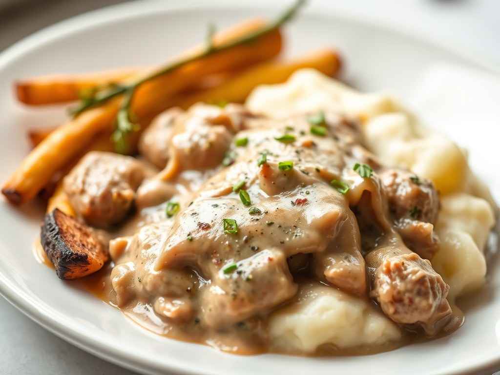 Stroganoff Ovenschotel met aardappelpuree, AI-gegenereerde illustratie