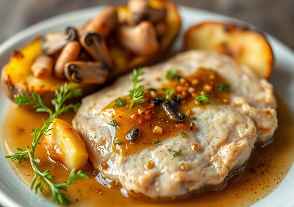 Struisvogelfilets met truffelaardappeltjes, AI-gegenereerde illustratie