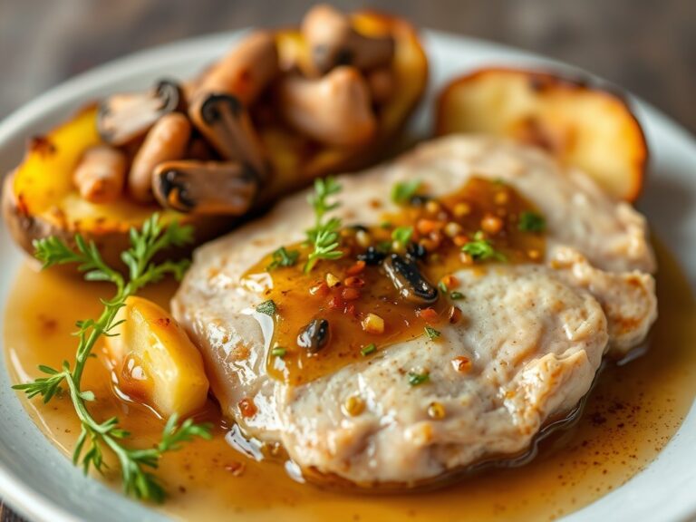 Struisvogelfilets met truffelaardappeltjes — AI-gegenereerde illustratie