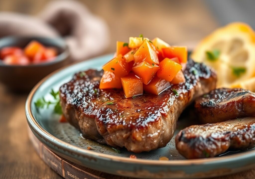Struisvogelsteak met zoete aardappel en pittige salsa van kerstomaatjes, AI-gegenereerde illustratie
