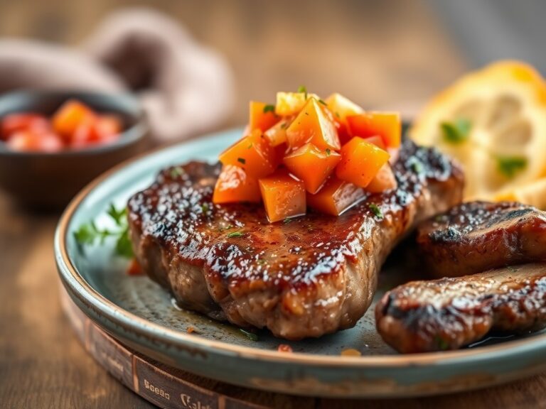 Struisvogelsteak met zoete aardappel en pittige salsa van kerstomaatjes — AI-gegenereerde illustratie