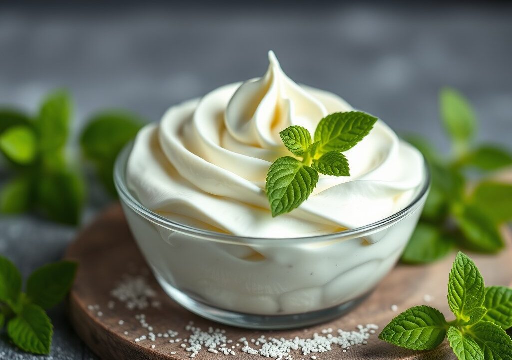 Suikervrije slagroom met groene stevia — AI-gegenereerde illustratie