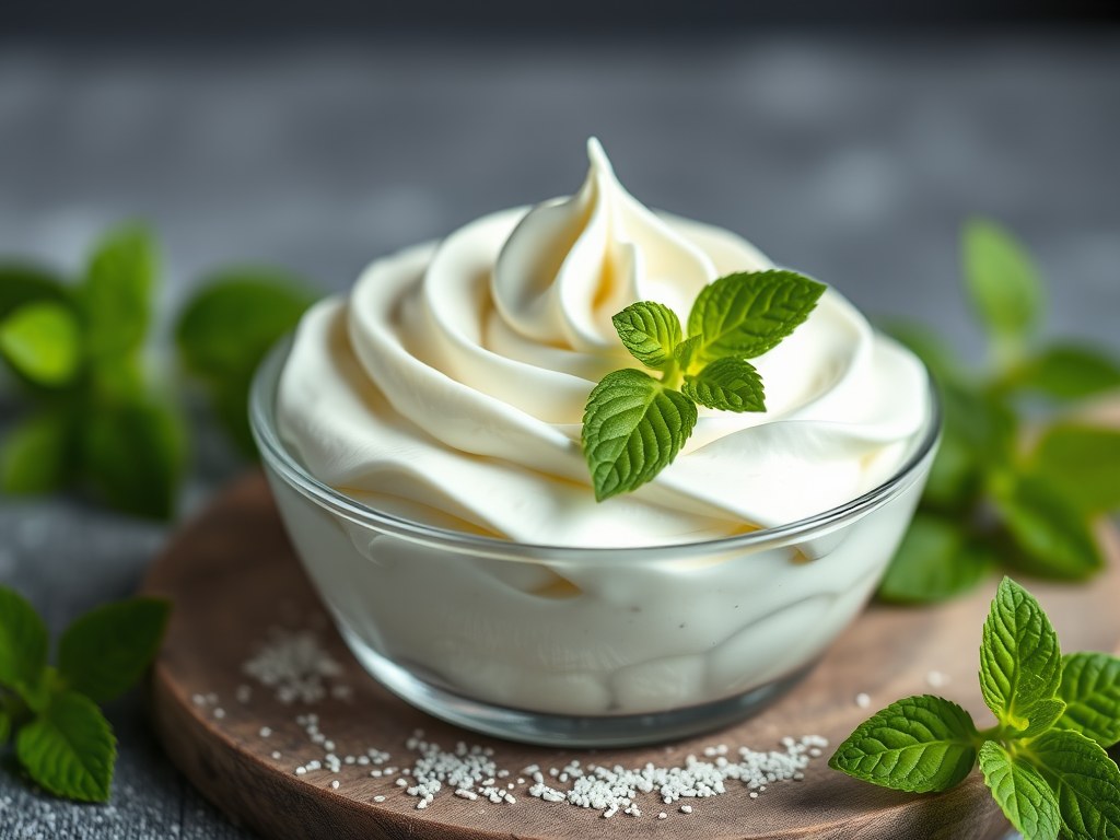 Suikervrije slagroom met groene stevia, AI-gegenereerde illustratie