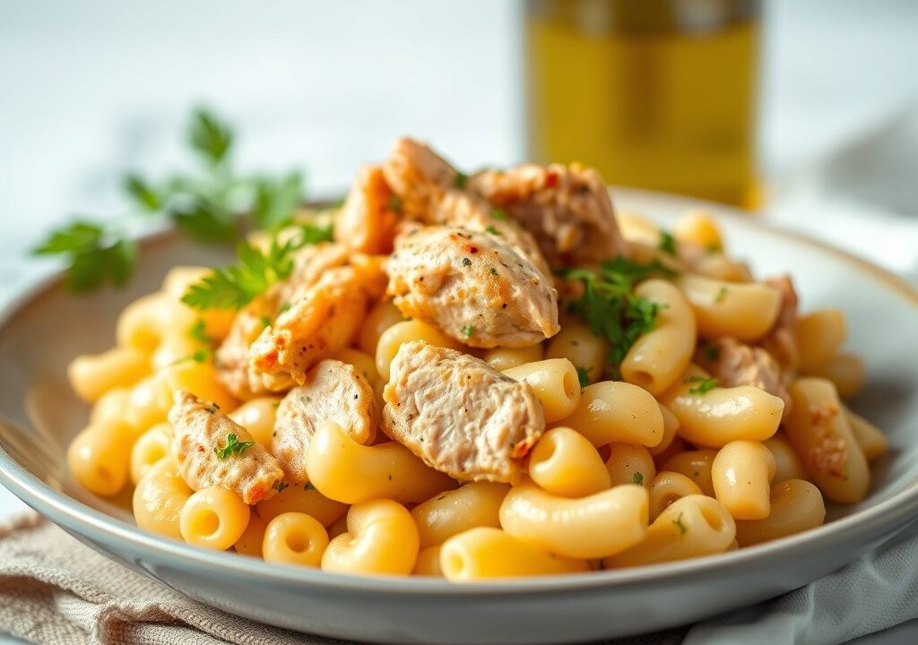 Super snelle zoete macaroni met kip — AI-gegenereerde illustratie