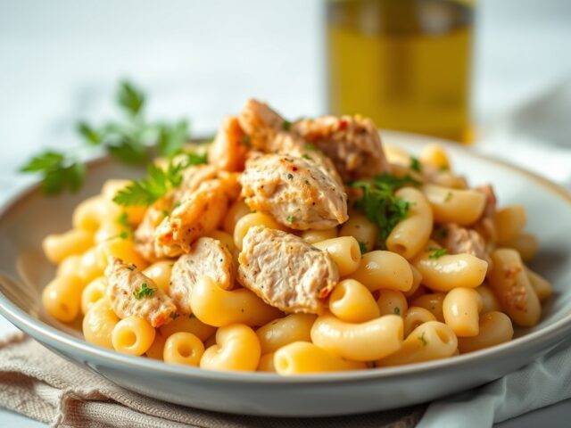 Super snelle zoete macaroni met kip — AI-gegenereerde illustratie