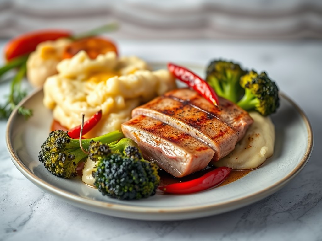 Suprême varkensgebraad met gegrilde broccoli en knoflookpuree, AI-gegenereerde illustratie