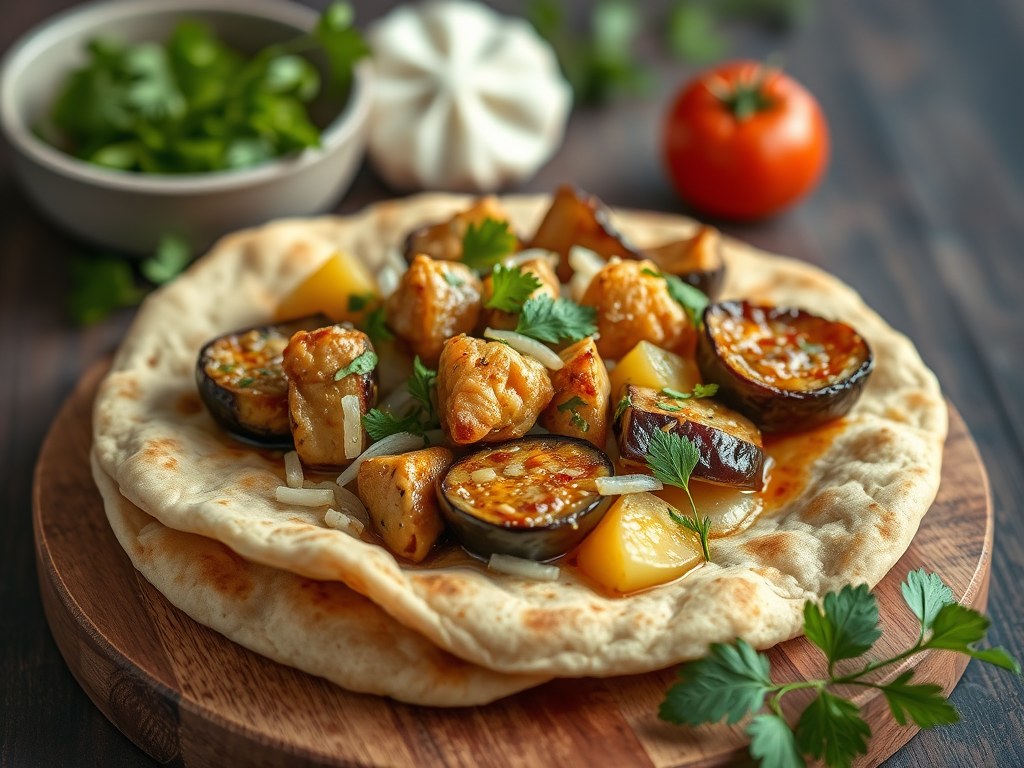 Surinaamse aubergines met kip en aardappel (eenpansgerecht), AI-gegenereerde illustratie
