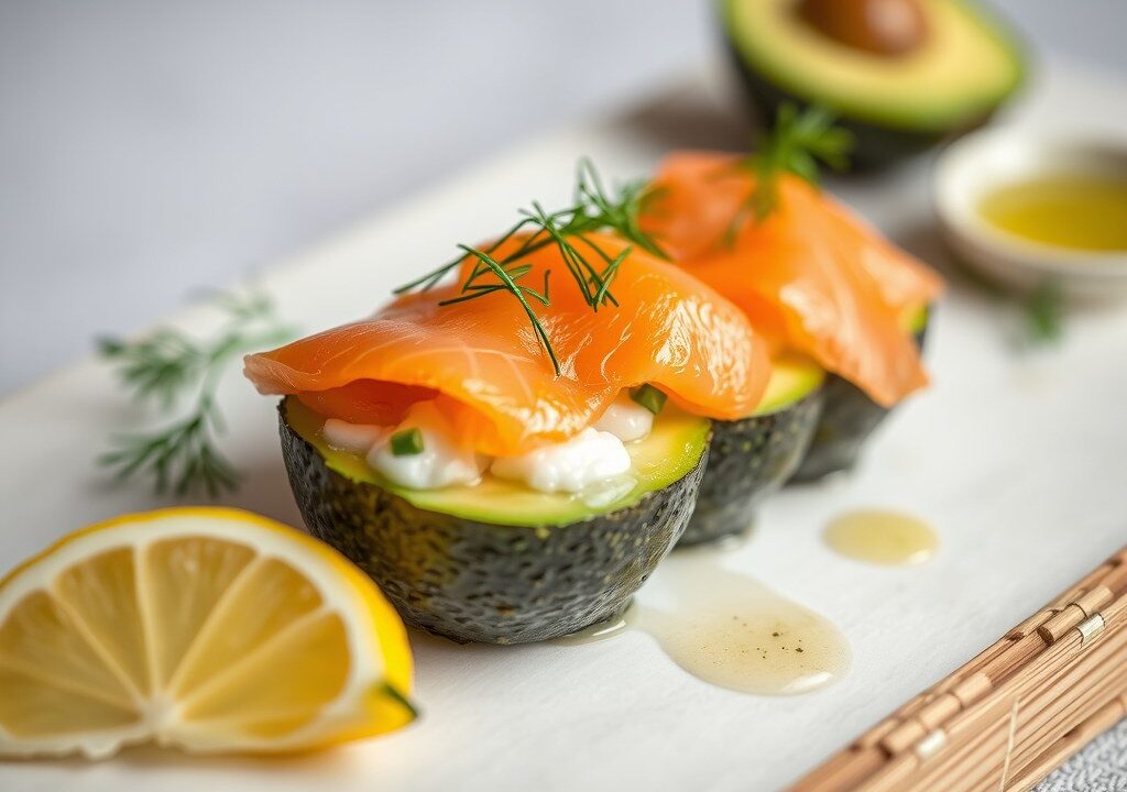 Sushiverrine met avocado, zalm en wasabi — AI-gegenereerde illustratie