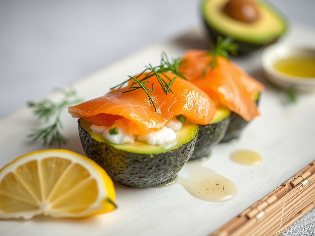 Sushiverrine met avocado, zalm en wasabi, AI-gegenereerde illustratie