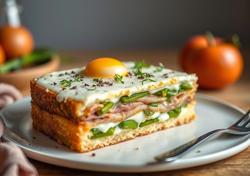 Taart van groene asperges en Parma-ham — AI-gegenereerde illustratie