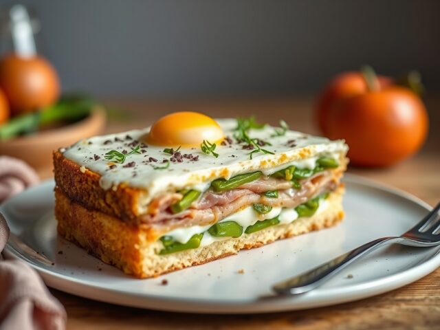 Taart van groene asperges en Parma-ham — AI-gegenereerde illustratie