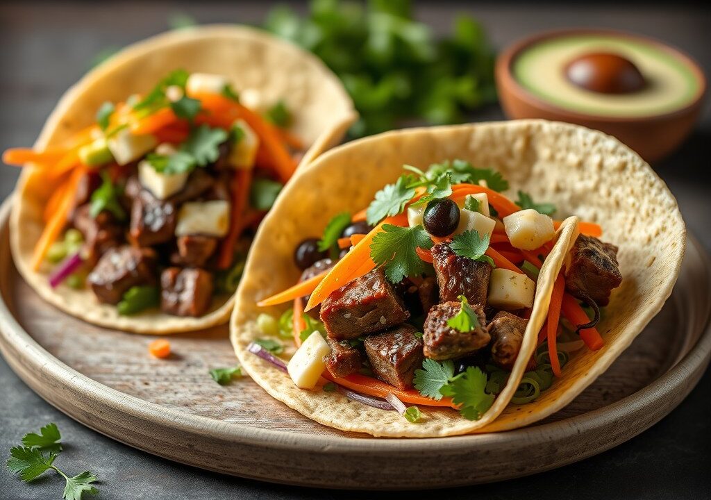 Tacobowls met biefstuk, oude kaas en een frisse salade — AI-gegenereerde illustratie