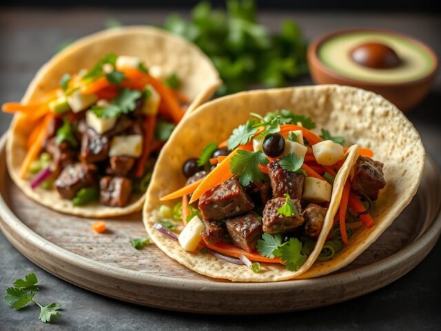 Tacobowls met biefstuk, oude kaas en een frisse salade — AI-gegenereerde illustratie