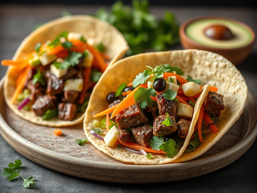 Tacobowls met biefstuk, oude kaas en een frisse salade, AI-gegenereerde illustratie