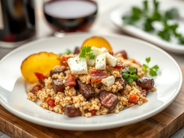 Tagliata van rendier, peren in wijn, crumble met spek en geitenkaas — AI-gegenereerde illustratie