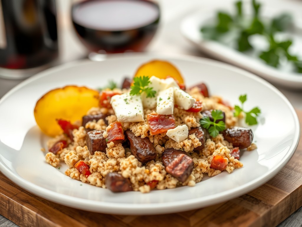 Tagliata van rendier, peren in wijn, crumble met spek en geitenkaas, AI-gegenereerde illustratie