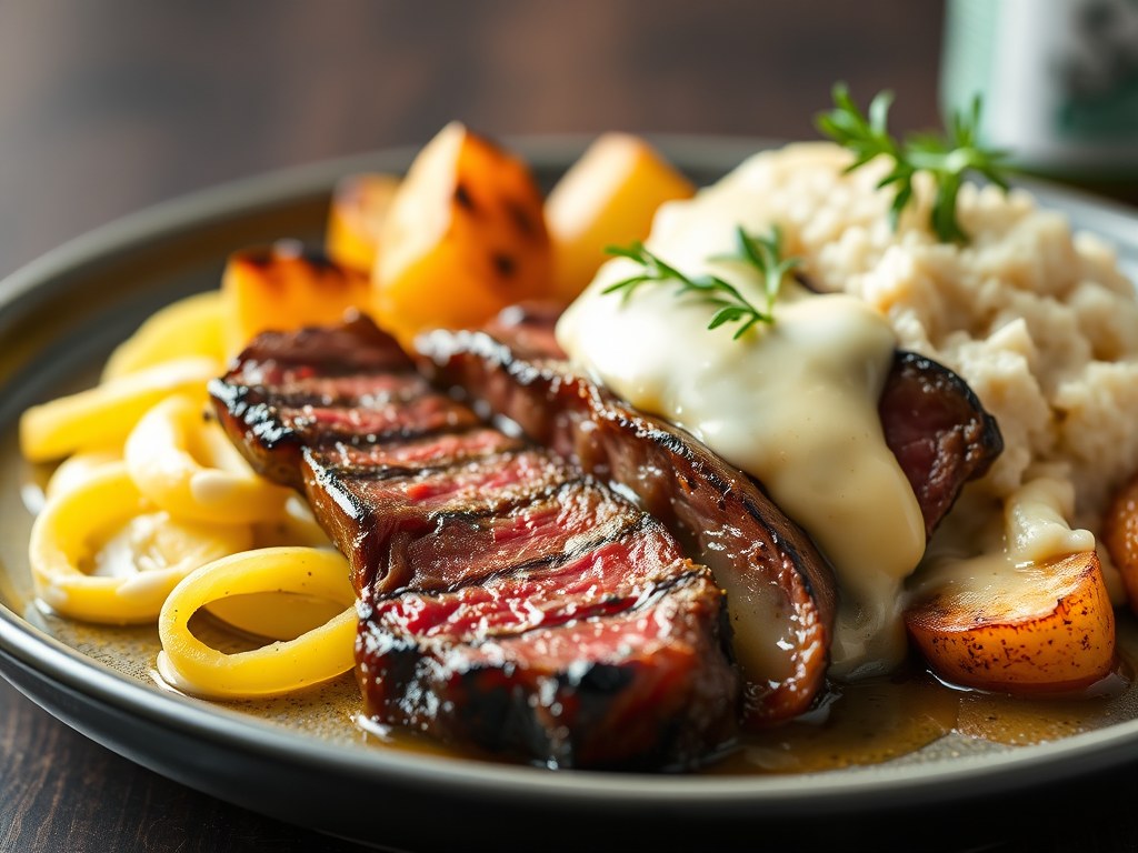 Tagliata van rundvlees met wasabisaus en stoemp met oesterzwammen, AI-gegenereerde illustratie