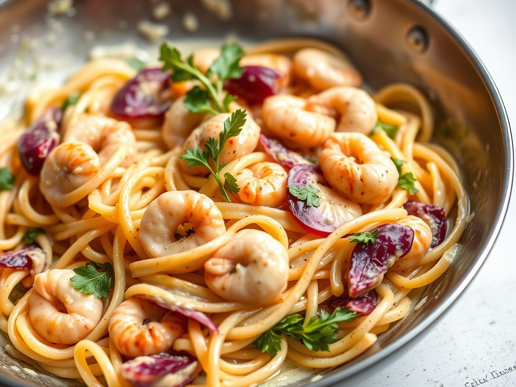 Tagliatelle met gamba’s en radicchio in een roomsaus, AI-gegenereerde illustratie