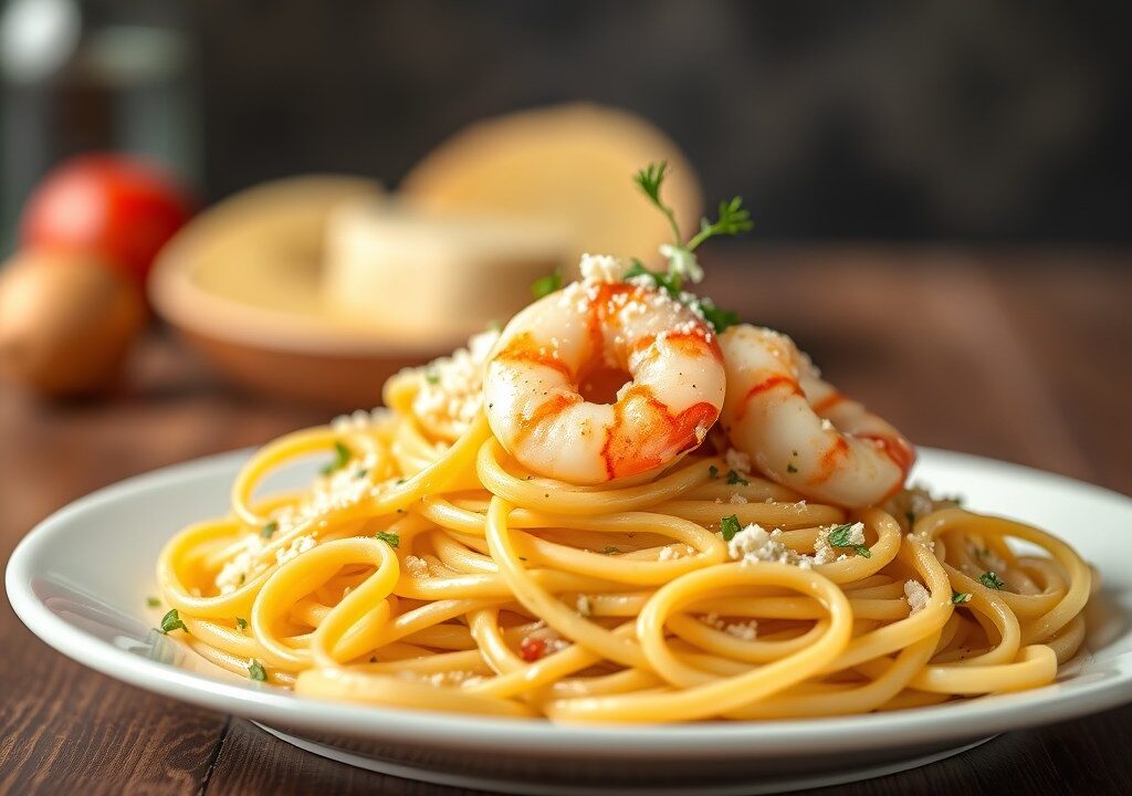 Tagliatelle met garnalen — AI-gegenereerde illustratie