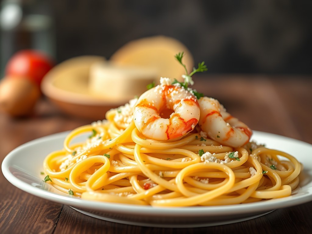 Tagliatelle met garnalen, AI-gegenereerde illustratie