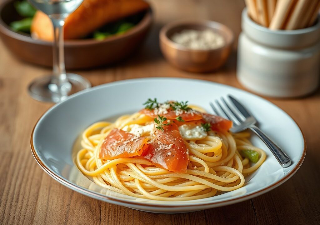 Tagliatelle met gerookte zalm — AI-gegenereerde illustratie