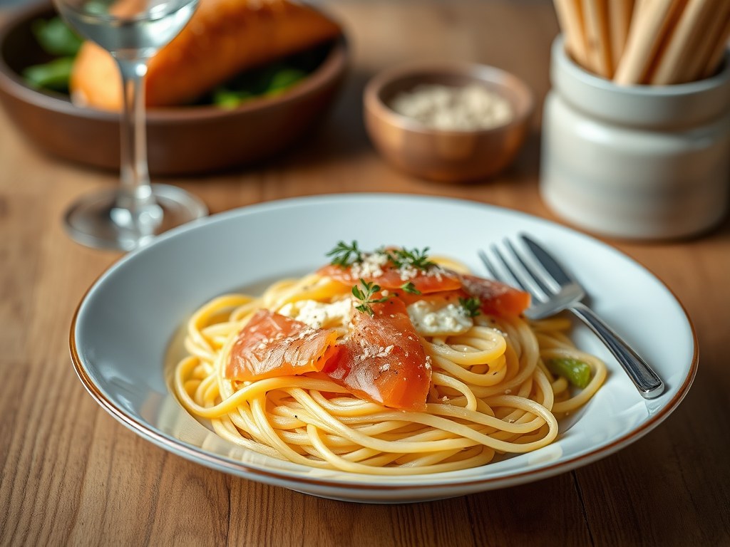 Tagliatelle met gerookte zalm, AI-gegenereerde illustratie
