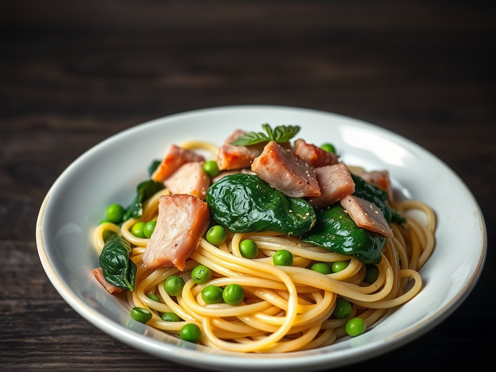 Tagliatelle met ham en groenten, AI-gegenereerde illustratie