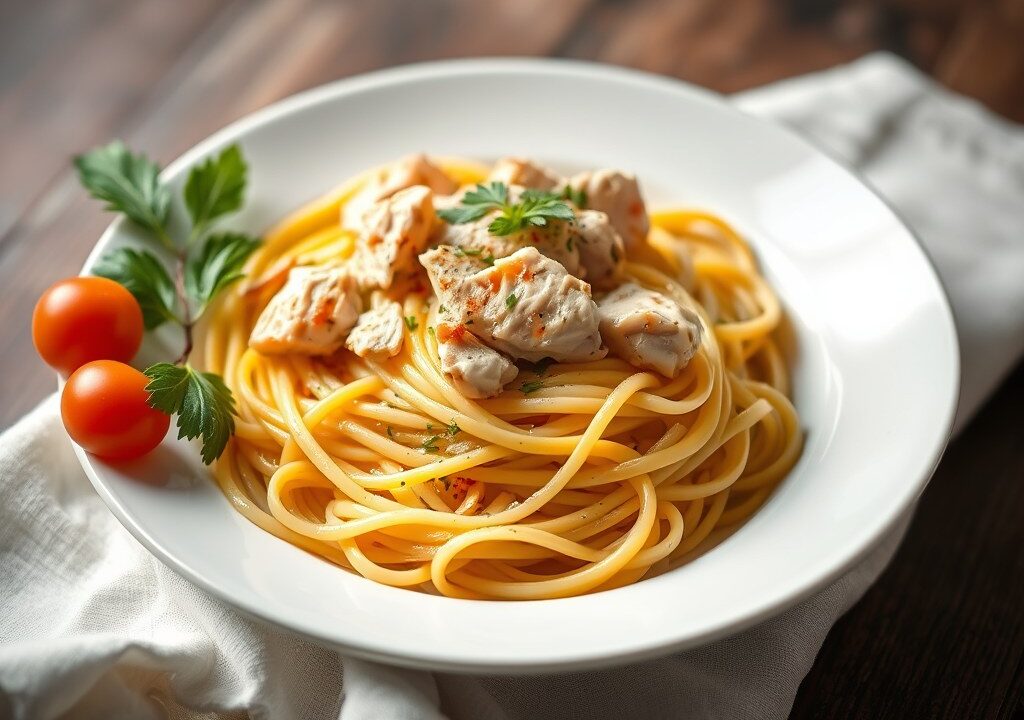 Tagliatelle met kip, AI-gegenereerde illustratie