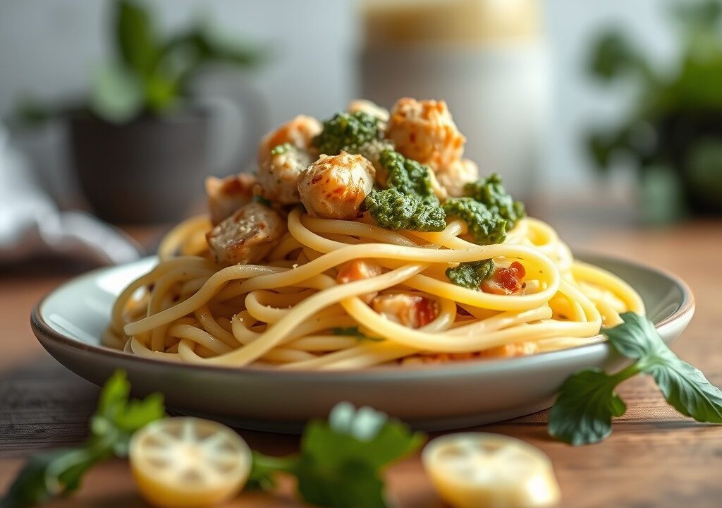 Tagliatelle met kip en pesto van radijsjesloof, AI-gegenereerde illustratie