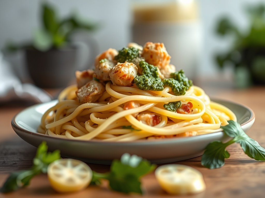 Tagliatelle met kip en pesto van radijsjesloof, AI-gegenereerde illustratie