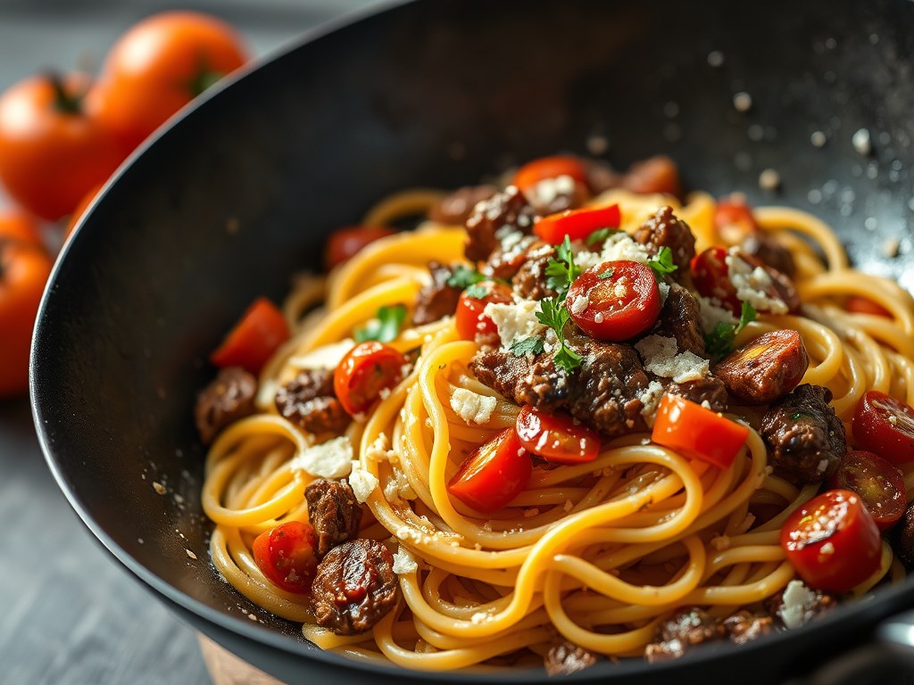 Tagliatelle met pikant rundvlees, sluimerwtjes, kappertjes en Parmezaanse kaas, AI-gegenereerde illustratie