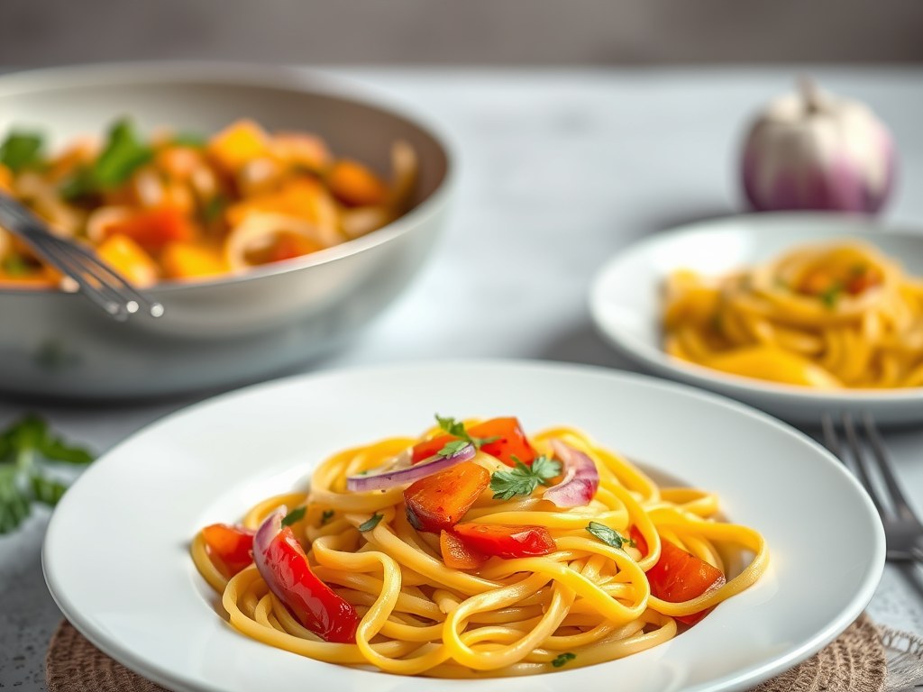 Tagliatelle met pompoen, paprika en rode ui, AI-gegenereerde illustratie