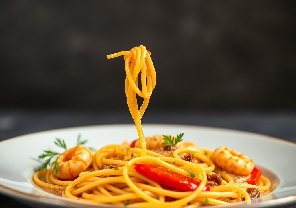 Tagliatelle met scampi in paprikasaus — AI-gegenereerde illustratie
