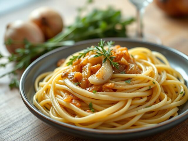 Tagliatelle met uiensaus — AI-gegenereerde illustratie