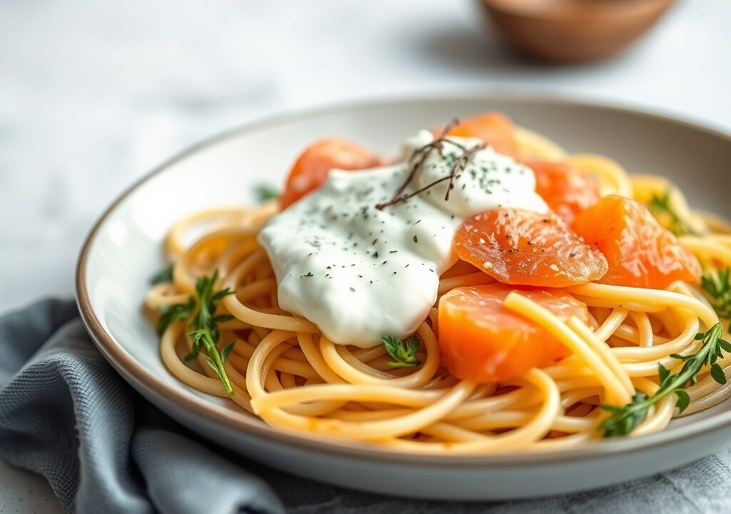 Tagliatelle met zalm en mierikswortelcreme — AI-gegenereerde illustratie