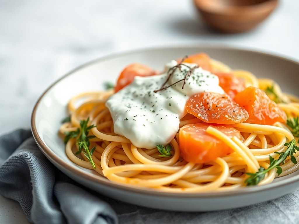 Tagliatelle met zalm en mierikswortelcreme, AI-gegenereerde illustratie