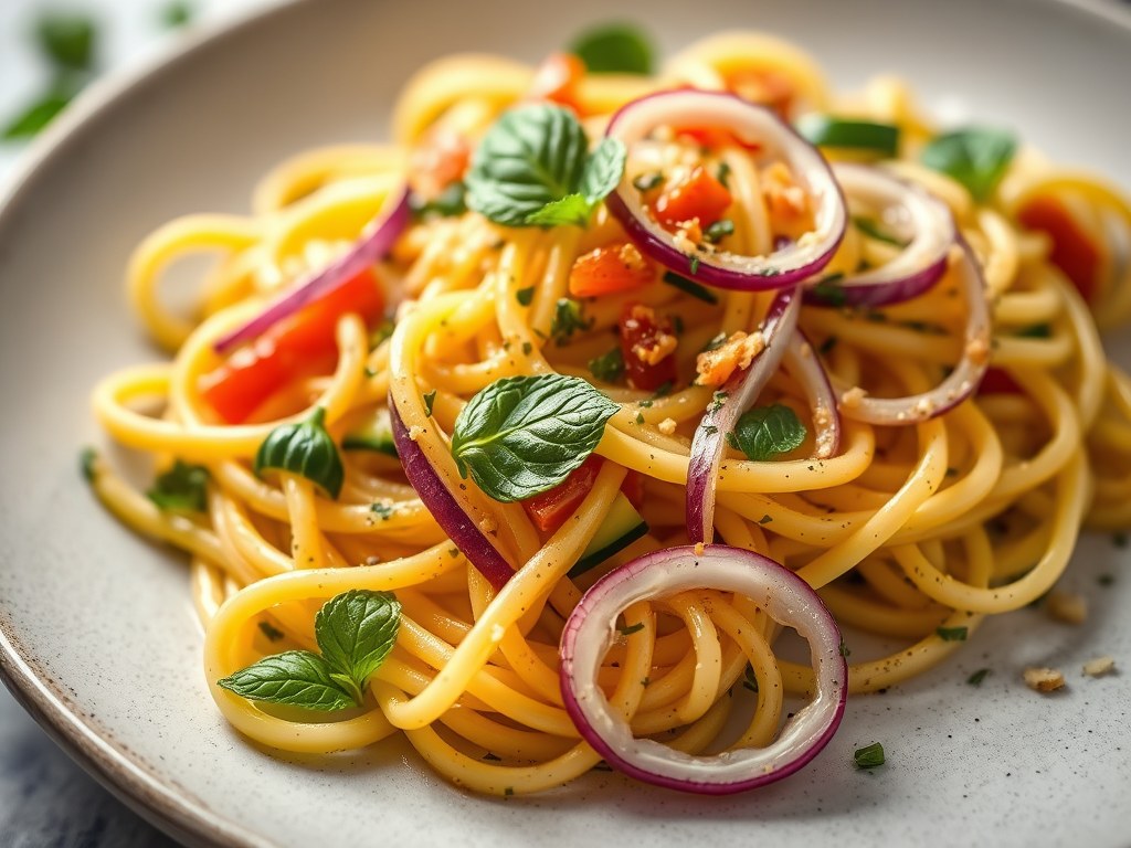Tagliatelle van courgette en Batavia met mangosmaak, AI-gegenereerde illustratie