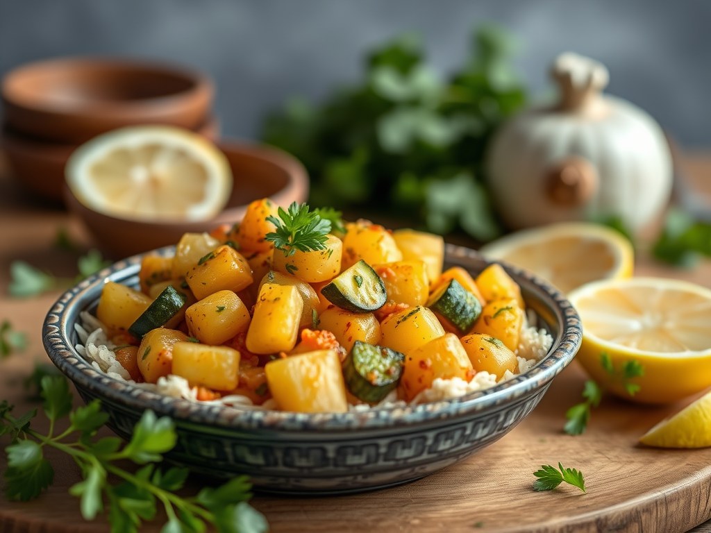 Tajine met courgette, citroen en olijven, AI-gegenereerde illustratie