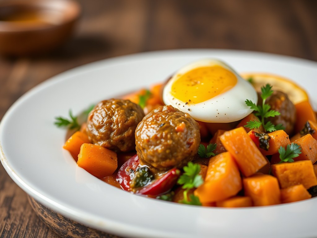 Tajine met lamsgehaktballetjes en zoete aardappel, AI-gegenereerde illustratie