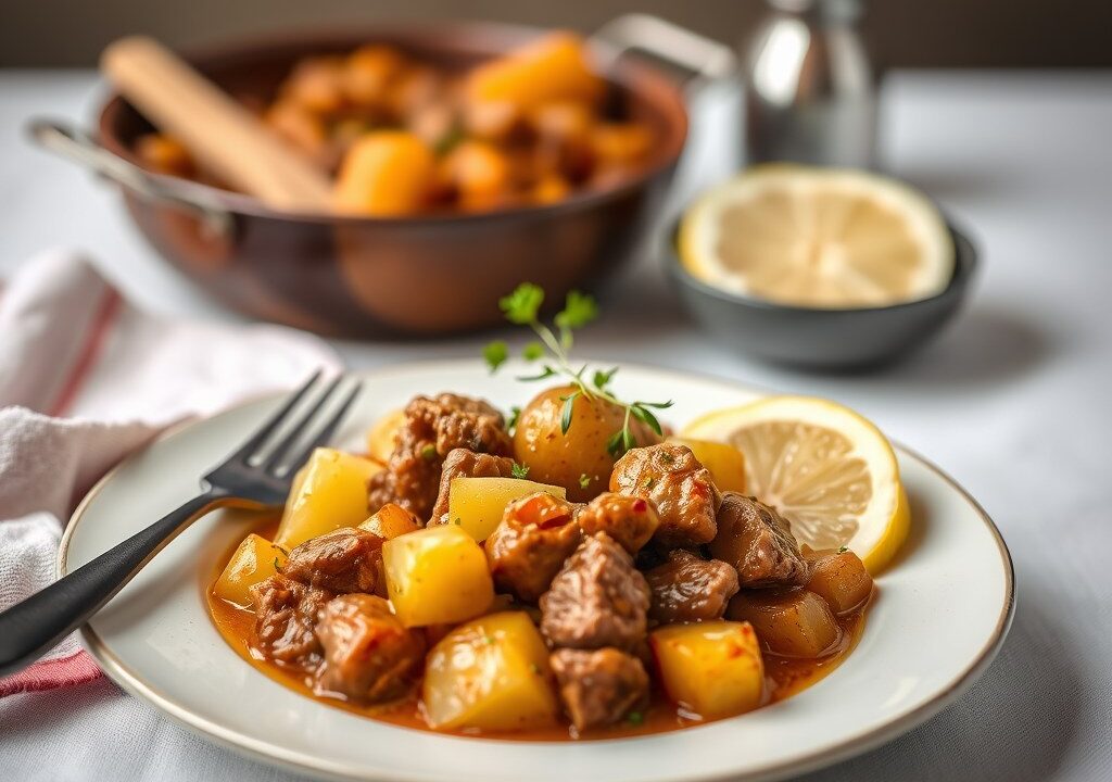 Tajine van kalfsvlees met aardappelen, olijven en citroen — AI-gegenereerde illustratie