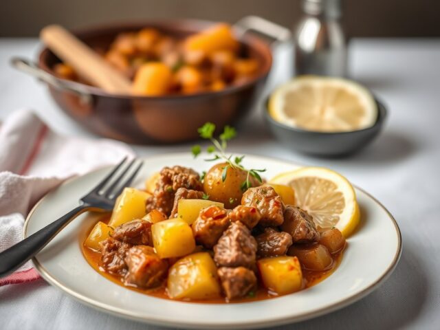 Tajine van kalfsvlees met aardappelen, olijven en citroen — AI-gegenereerde illustratie