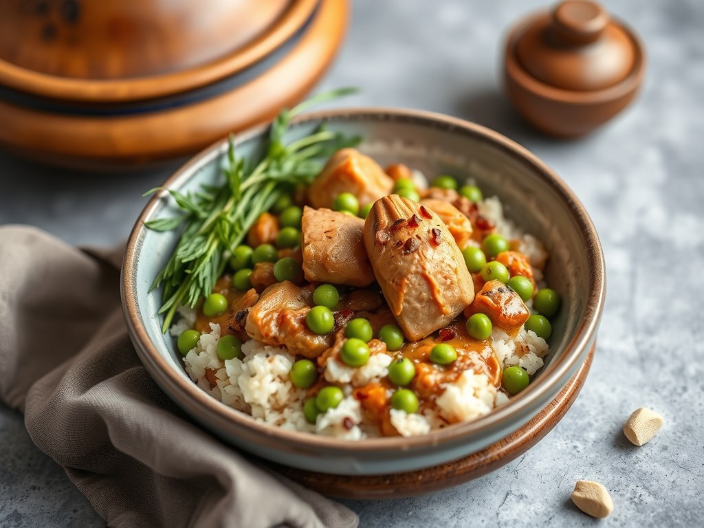 Tajine van kalfsvlees met artisjokken en erwten, AI-gegenereerde illustratie